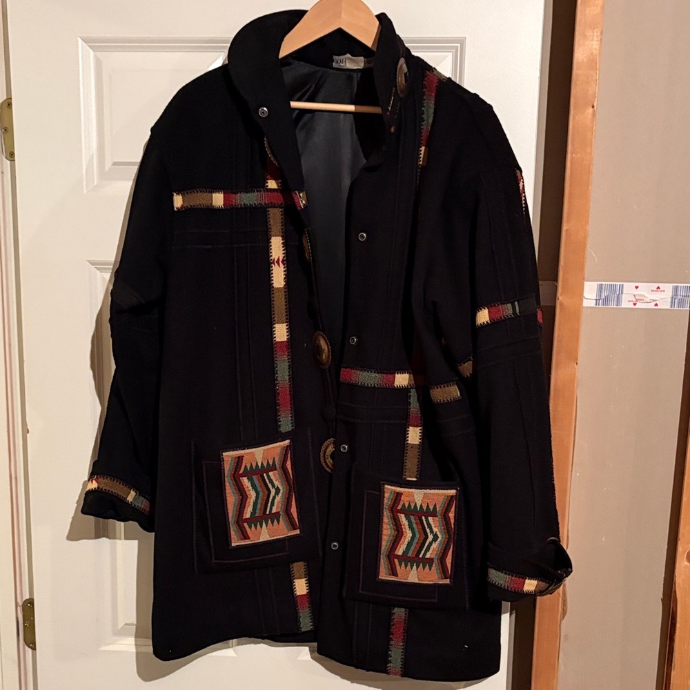 Elegant Black Multicolor Pea Coat